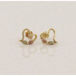 14k Yellow Gold Black Hills Gold Heart Earrings Stud Post 3/8" x 3/8" inch